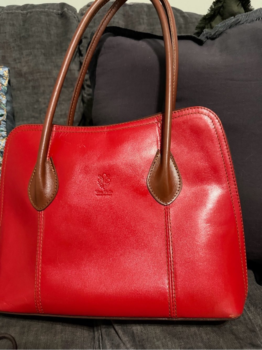 Bera Pelle. Made in Italy Genuine Leather Red Leather Tote with Brown Handles